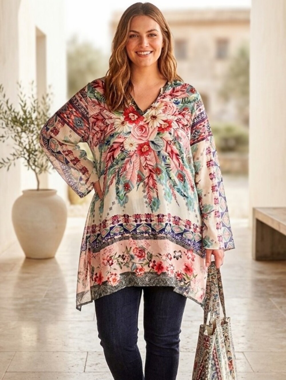 Johnny Was Tribeca Tunic 100% Cotton Floral & Feather Print Top XL boho Flowy